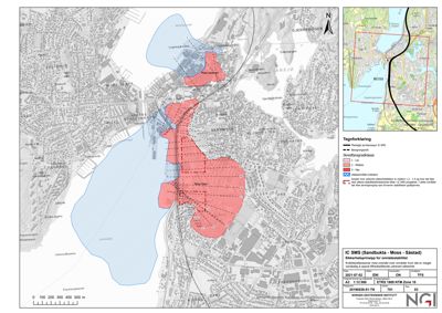 Kart over Moss sentrum som viser sikkerhetsprinsippp for områdestabilitet med overlag av sikkerhetsfaktorer og kartleggingsområder.