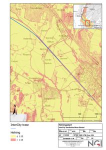 Helningskart over InterCity traseen mellom Sandbukta, Moss og Sæstad, som viser terrengforhold og helning langs ruten.