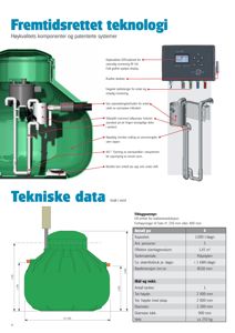 Detaljtegning av en teknisk enhet (vannbeholder) med dimensjoner og tekniske spesifikasjoner.