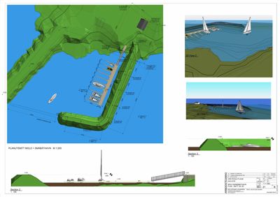 Bildet viser et planutsnitt (planutsnitt molo + småbåthavn) og to snittegninger (Section 2 og Section 3) av en havneanlegg.