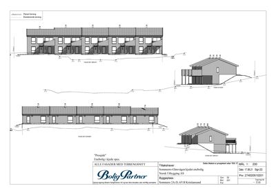 Snittegning som viser fasader med terrengsnitt og høydemålinger.
