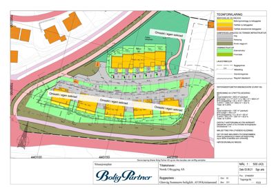 Situasjonsplan som viser tomtens form, bygningens plassering, veier og områder med 'Omsøkt i egen søknad'.