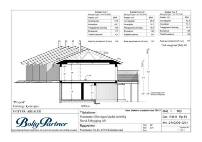 Snittegning (Snitt A-A) av en bolig med arealstabeller og dimensjoner