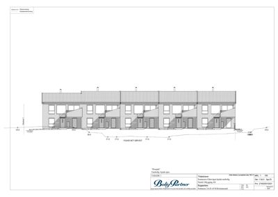 Fasadetegning av en bygning sett fra sørvest, med mål og detaljer.