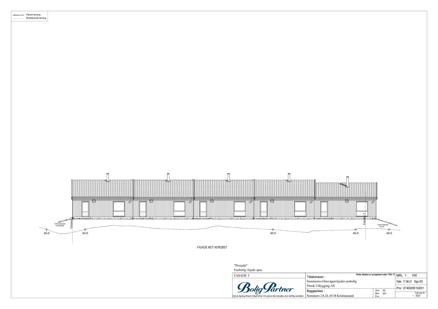 Fasadetegning av en rekkehusbebyggelse sett fra nordvest.