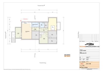 Etasjeplan (1.etasje) med romfordeling, mål og fasaderetning.