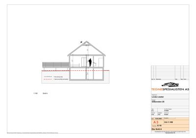 Snittegning (Snitt A) som viser bygningens tverrsnitt, høyder og grunnkonstruksjon.