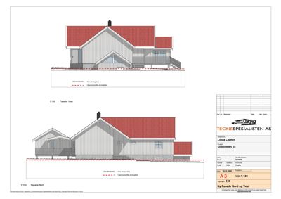 Fasadetegning som viser oppriss av bygningens nord- og vestside med tak, fasadepanel og trapper.