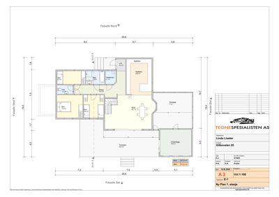 Etasjeplan (1. etasje) som viser romfordeling, dimensjoner og fasader.