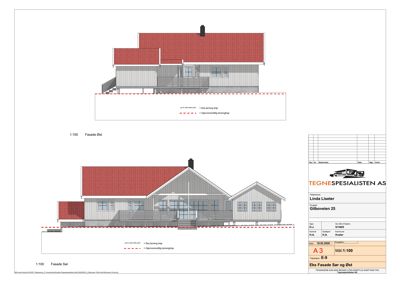 Fasadetegning som viser bygningens utseende fra to vinkler (Sør og Øst) med mål 1:100.