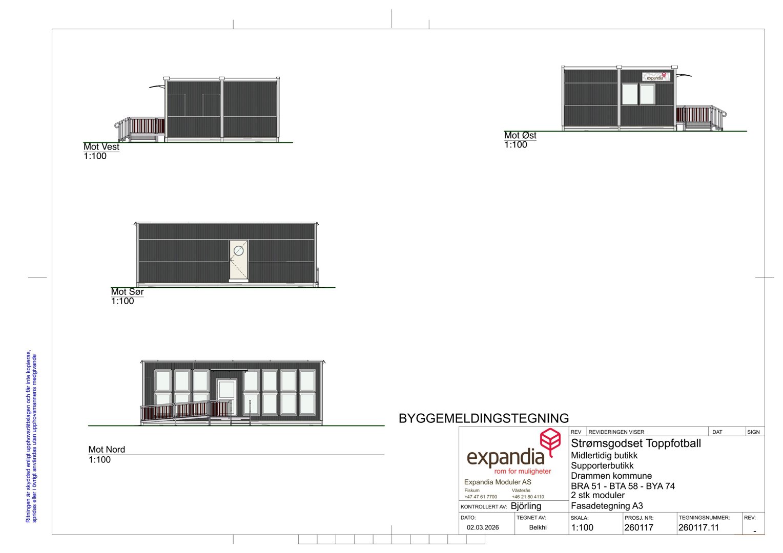 Fasadetegning som viser bygningens utseende fra fire sider (Mot Vest, Mot Øst, Mot Sør, Mot Nord).