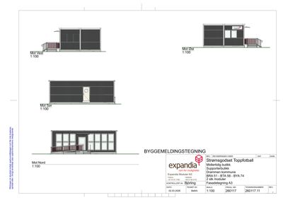 Fasadetegning som viser bygningens utseende fra fire sider (Mot Vest, Mot Øst, Mot Sør, Mot Nord).