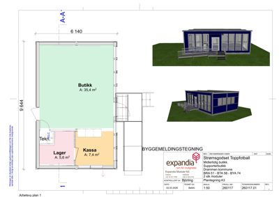 En byggesak tegning som viser etasjeplan (arbebsvys plan 1) for en modulær butikk, med romfordeling (Butikk, Lager, Kassa, Tekn.) og dimensjoner. Bildet inneholder også to 3D-renderinger av fasaden.