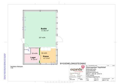 Ventilasjonsmarkplan som viser romfordeling (Butikk, Lager, Kassa) og ventilasjonsmengder i en bygning.