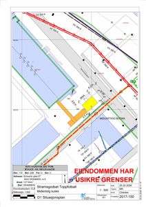 Situasjonsplan som viser eiendomsgranser, naboeiendommer og bygningers plassering i forhold til hverandre.