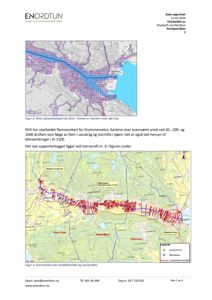 Oversiktskart over Drammenselva med flomutsatte områder og tverrprofiler for et planlagt supporterbygg.