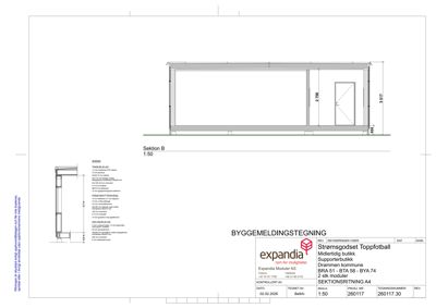 Seksjonstegning (Seksjon B) av en modulær bygning med detaljerte mål og materialbeskrivelser.