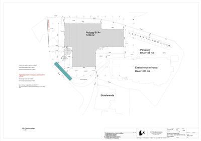 Situasjonsplan som viser tomtens oppdeling i nybygg, eksisterende bygninger og parkeringsareal.