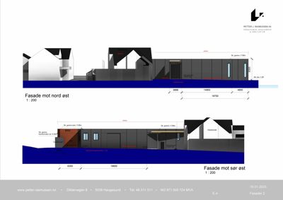 Tegning som viser fasaderetningene mot nord-øst og sør-øst med mål, høyder og detaljer om takform og vinduer.