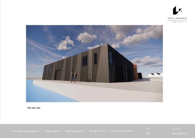 3D-visualisering (rendering) av en planlagt bygning sett fra sør-vest.