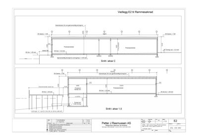 Tegning som viser tverrsnitt gjennom bygningen i akse C og akse 1,5, med detaljer om høyder, konstruksjoner og nivåer.