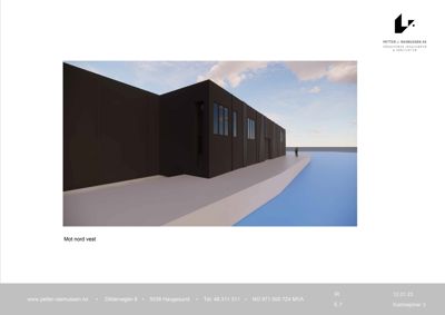 3D-visualisering (rendering) av en bygning sett fra nordvest, med logo og sidefot.