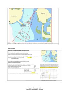 Bildet viser en situasjonsplan (sjøkart) med kystlinjer, dypangivelser og en skissert sektor for vindretning. Under kartet er det også en beregningsrapport for bølgehøyde.
