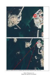 Bildet viser to flyfoto som illustrerer et tiltak og en sonering (18 graders sektor) i forhold til moloer og Arebrøstholmen.