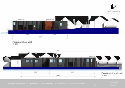 Tegning som viser fasader (opprikk) av en bygning sett fra utsiden, med mål og orientering.