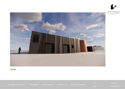 3D-visualisering (rendering) av bygningens fasade mot sør, inkludert omgivelsene og en figur for skala.