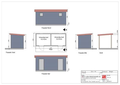 Fasade- og snittegning for en utvendig bod, inkludert plan, fasader (Nord, Sør, Øst, Vest) og snitt.