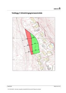 Situasjonsplan som viser et utredningsgrenseområde (markert med rødt og grønt) på en tomt med topografi og nabolag.
