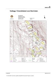 Oversiktskart (situasjonsplan) over Storrrinden med topografi, eiendommer og infrastruktur.