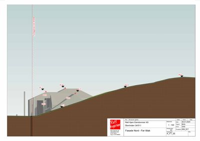 Fasadetegning (opprikk) av bygningen sett fra nord, med høydemålinger og terrengprofil.