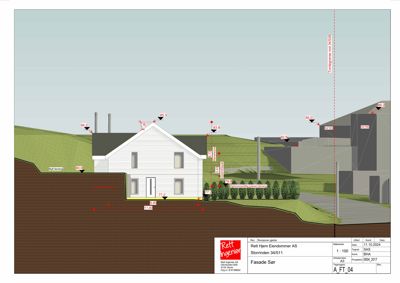 Fasadetegning (Fasade Sør) med mål, høyder og situasjon for en nybygget hus.
