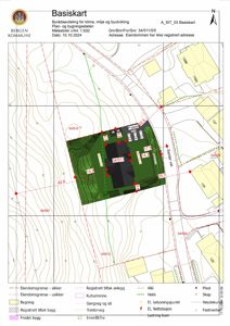 Basiskart (situasjonsplan) som viser eiendomsgranser, høydekurver, bygninger og infrastruktur for eiendommen 34/511.