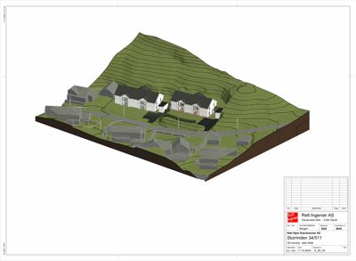 3D-visualisering av et boligfelt med hus, vei og terrengformning (konturlinjer).