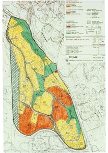 Situasjonsplan for et område i Fana, som viser arealbruksplanlegging med fargemerkede soner (f.eks. B1, B2, Be) og infrastruktur.