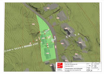 Situasjonsplan med strålingsfelt, som viser tomtens beliggenhet i forhold til nabolag og topografi.