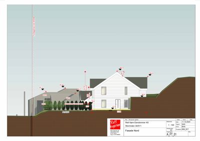 Fasadetegning (oppriss) av en bygning sett fra nord, med høydemål og terrengprofil.