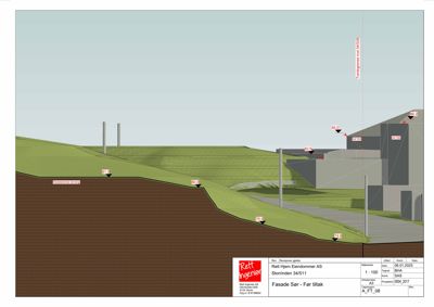 3D-visualisering (rendering) av fasaden mot sør for et nytt bygg, inkludert terrengform og høydemål.