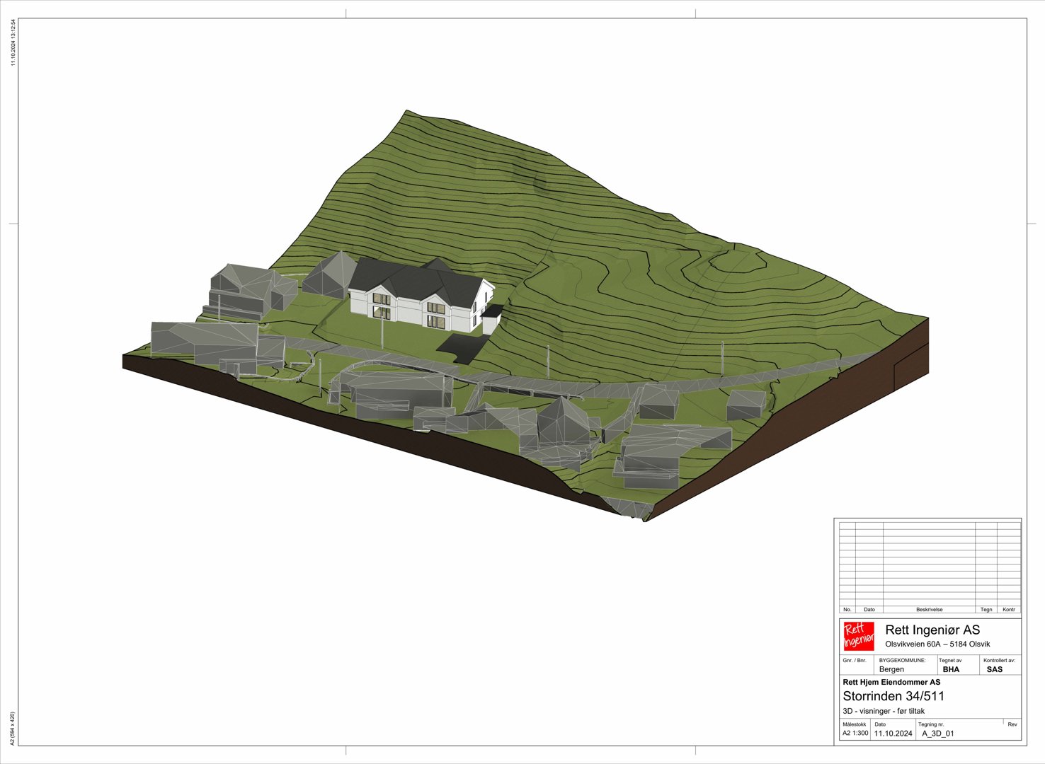 3D-visualisering (rendering) av et boligfelt med hus og terrengformet (konturlinjer) sett fra en vinkel.