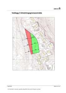 Situasjonsplan som viser et utredningsgrenseområde (rødt og grønt) med angitte avstander på en tomt med konturlinjer og eksisterende bygninger.
