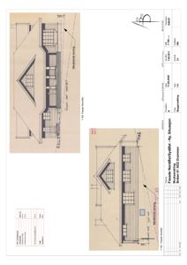 Fasadetegning av en bygning sett fra siden, med tegningstittel 'Fasade Nord/Sydøst - Ny. Situasjjon' og skala 1:100.