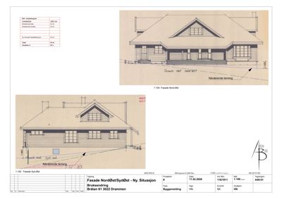 Bildet viser to fasadetegninger (Nordøst og Sydøst) av en bygning med mål og notasjoner.