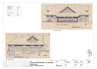 Bildet viser to fasadetegninger (Nord-Øst og Syd-Øst) av en bygning i en byggesak.