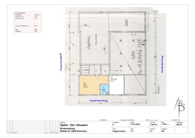 Etasjeplan eller situasjonsplan som viser romfordeling og mål for en bygning. Teksten 'Bruksendring' og 'Situasjon' bekrefter at det er en plan over bygningens oppsett.