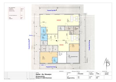 Etasjeplan (situasjonsplan) som viser romfordeling, arealer og fasaderetning for en bygning.