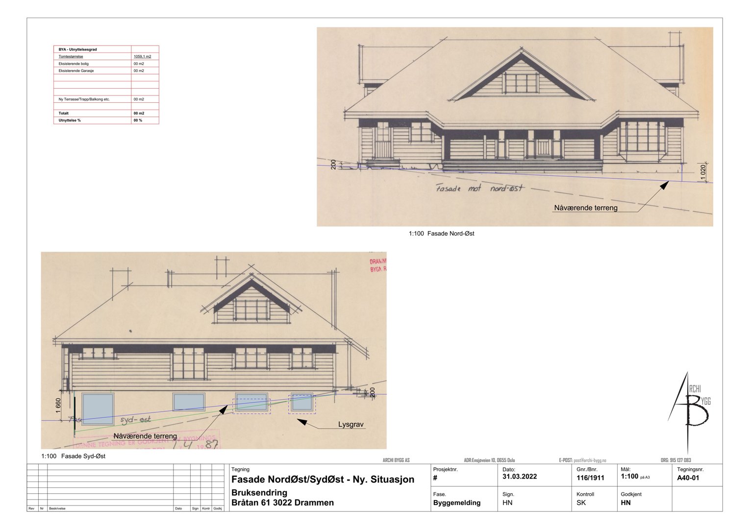 Bildet viser fasadetegninger av en bygning sett fra to vinkler (Nord-Øst og Syd-Øst).