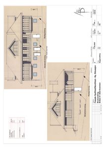 Fasadetegning som viser bygningens utseende sett fra fronten og siden, med mål og notasjoner.